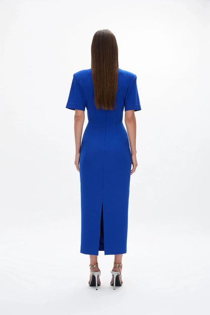 Structured Sheath Crew Neck Short Sleeve Zipper Back High Slit Midi Length For Sale Prom Dress by YiHuiw
