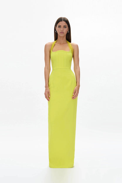 Structured Sheath Halter Neck Sleeveless Zipper Back High Slit Floor Length For Women Prom Dress by YiHuiw