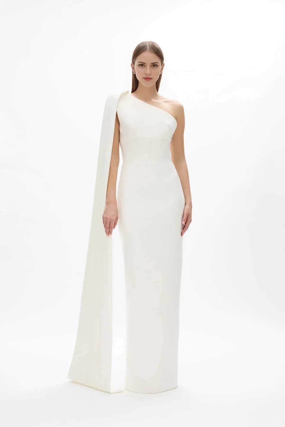 Structured Sheath One Shoulder Cape Sleeve V Back Floor Length Hot sale Prom Dress by YiHuiw