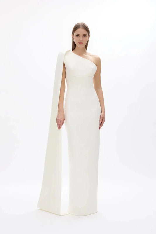 Structured Sheath One Shoulder Cape Sleeve V Back Floor Length Hot sale Prom Dress by YiHuiw