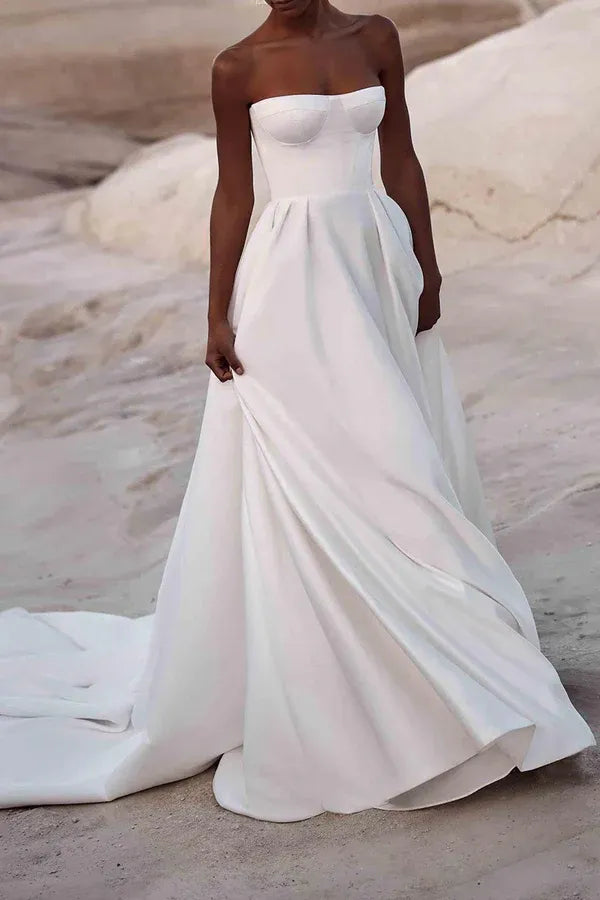 A-Line Sweetheart Satin Floor-Length Wedding Dress - Yihuiw by Yihuiw