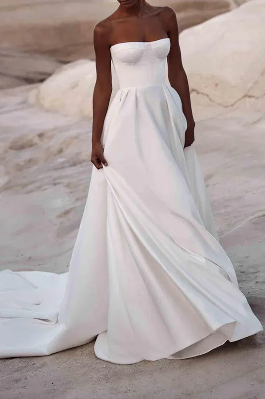 A-Line Sweetheart Satin Floor-Length Wedding Dress - Yihuiw by Yihuiw