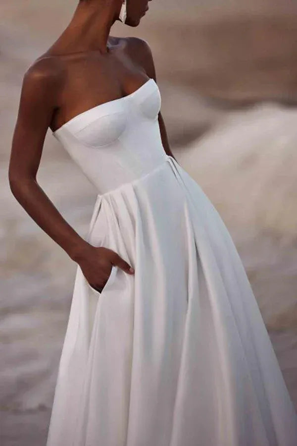 A-Line Sweetheart Satin Floor-Length Wedding Dress - Yihuiw by Yihuiw