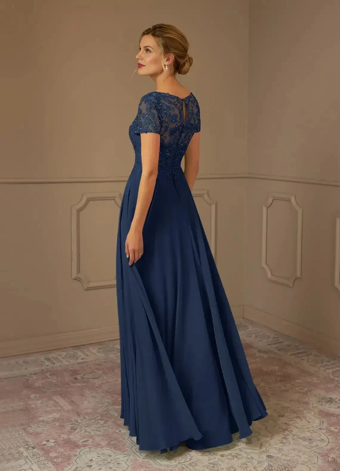 Stunning A Line Boat Neck Short Sleeve Lace Back Floor Length Mother of the Bride Dress by YiHuiw