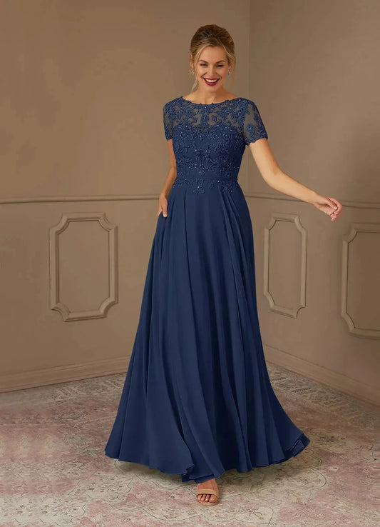 Stunning A Line Boat Neck Short Sleeve Lace Back Floor Length Mother of the Bride Dress by YiHuiw