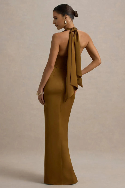 Stunning Mermaid Halter Neck Sleeveless Knot Front High Slit Floor Length Prom Dress by YiHuiw