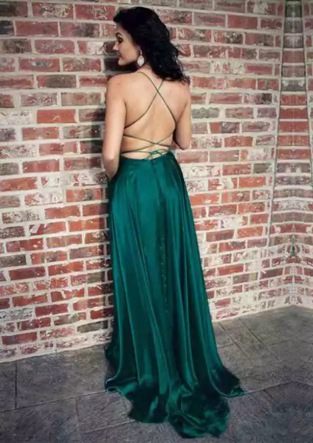 Impresionantes vestidos de graduación de satén con abertura, sin mangas y espalda descubierta, estilo línea A/princesa, con cola