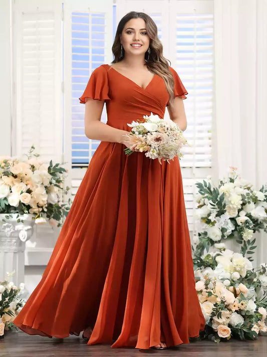 Stunning A-line V-neck short sleeved shirt with side slits, pleated chiffon oversized Bridesmaid Dresses