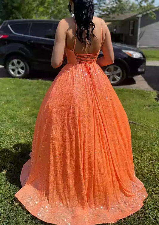 Stunning A-line V-neck sleeveless trailing sequins attract everyone's attention Prom Dresses
