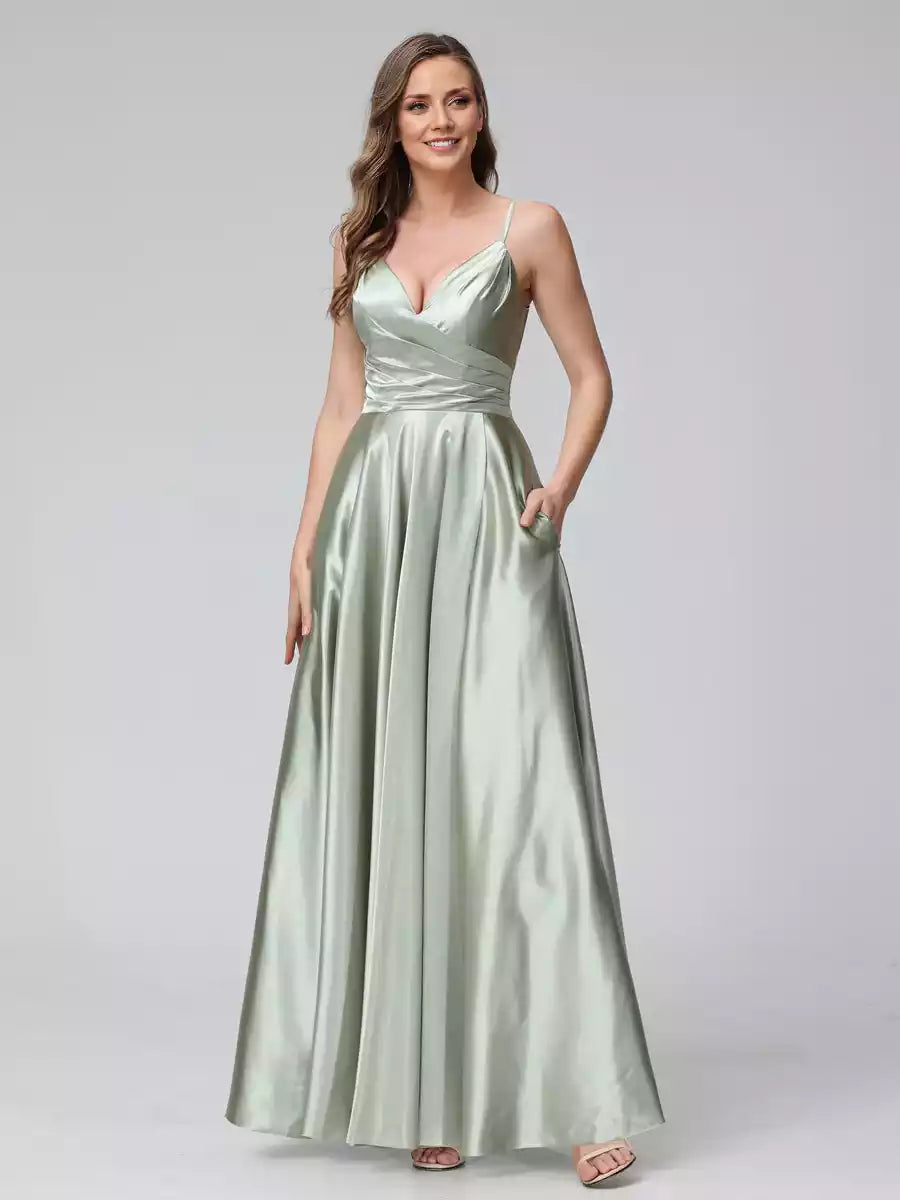 Impresionantes vestidos de dama de honor de satén de seda, sin mangas, de corte en A, largos y con abertura lateral