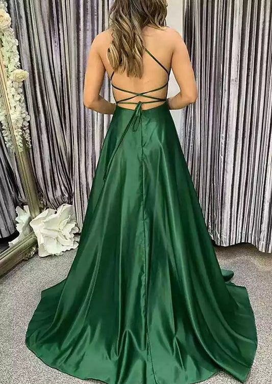 Stunning A-line square neck thin shoulder strap with trailing satin, showcasing elegant temperament Prom Dresses