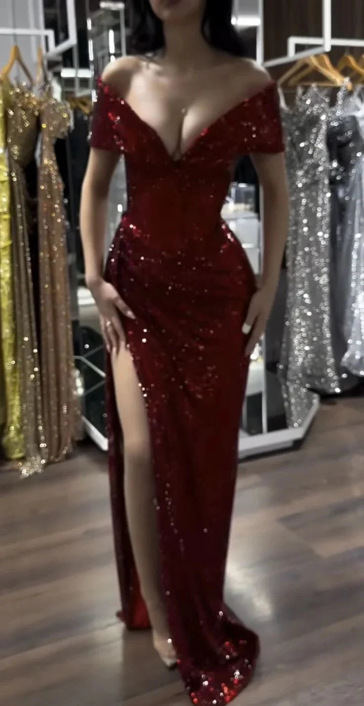 Stunning Off The Shoulder Sequin Evening Dress Glamour Burgundy Slit Party Gown simple gentle atmospheric and unique desi Bring summer colors to enhance whiteness by YiHuiw