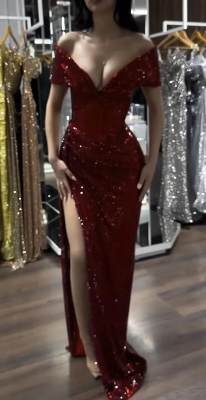 Stunning Off The Shoulder Sequin Evening Dress Glamour Burgundy Slit Party Gown simple gentle atmospheric and unique desi Bring summer colors to enhance whiteness by YiHuiw