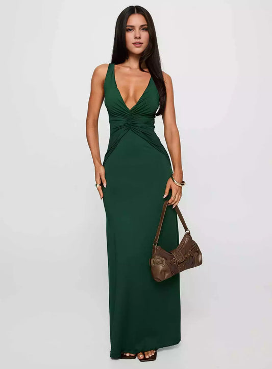 Stunning backless deep V-neck, front pleated details, ruffled hem, adjustable back straps, fully lined Prom Dresses
