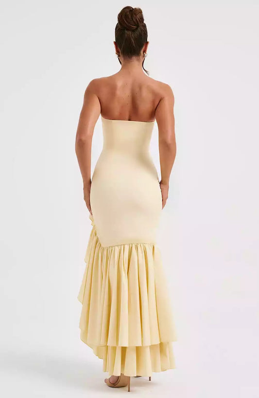 Stunning high-quality non stretch cotton blend strapless pleated slit with invisible zipper Prom Dresses