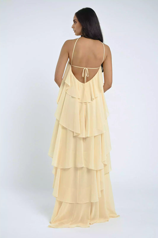 Stunning luxury chiffon backless neckline with adjustable thin shoulder straps, layered ruffle edges, and a back zipper Prom Dresses