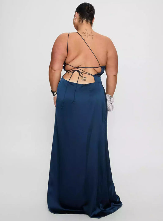 Stunning plus size satin single shoulder long style with high slit, hidden zipper on the side, exposed back strap, fully lined Prom Dresses