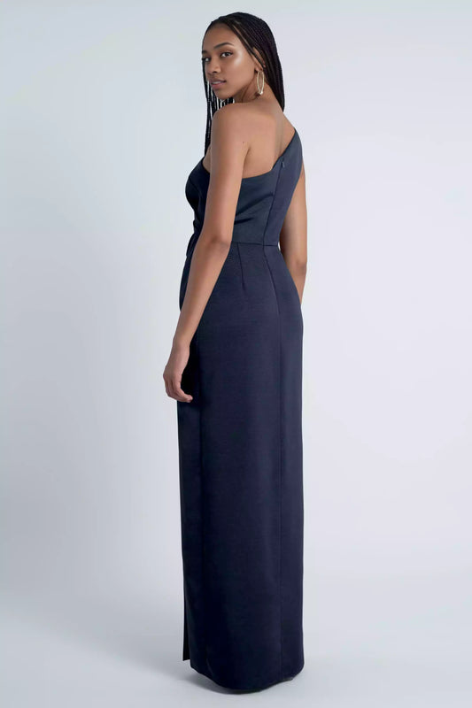 Stunning single shoulder neckline tight corset with asymmetrical pleats, slim fit, slit back, and mid zip Prom Dresses