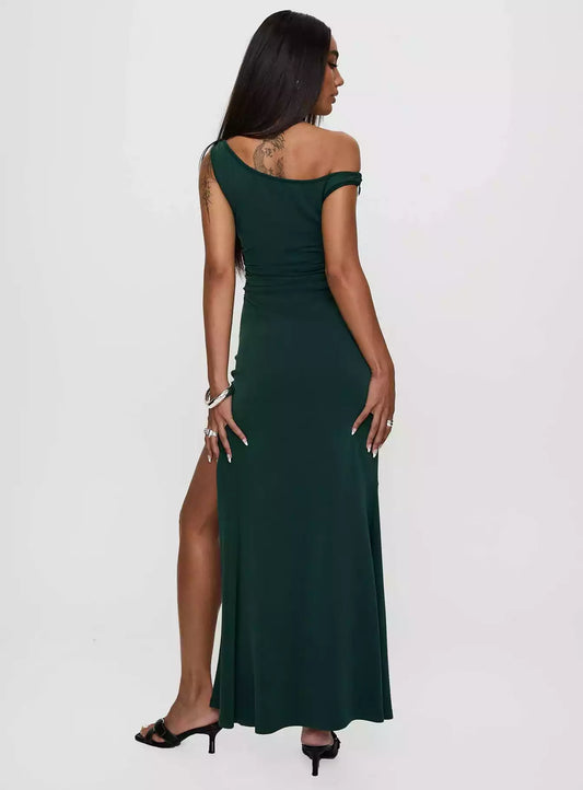 Stunning single shoulder side pleated high slit soft fabric slim fit Prom Dresses