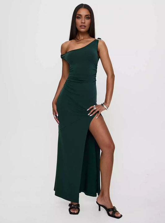 Stunning single shoulder side pleated high slit soft fabric slim fit Prom Dresses