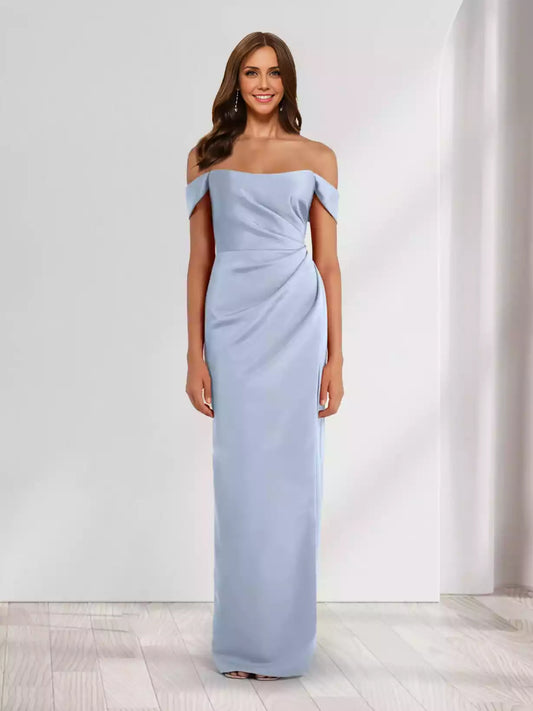Stunning slim fit/straight off shoulder pleated long dress with slits Bridesmaid Dresses