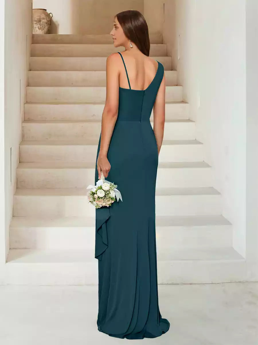 Impresionantes vestidos de dama de honor de corte entallado/tubo recto, con escote corazón, sin mangas, largos hasta el suelo, con abertura lateral y plisado