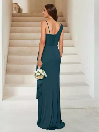 Impresionantes vestidos de dama de honor de corte entallado/tubo recto, con escote corazón, sin mangas, largos hasta el suelo, con abertura lateral y plisado