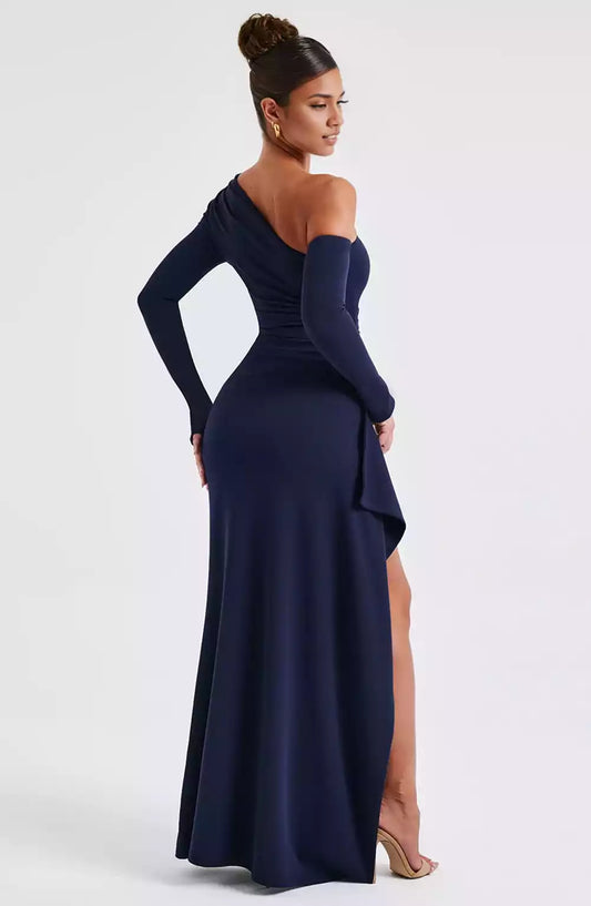 Stunning stretch crepe asymmetrical neckline with pleats and hanging details, high slit Prom Dresses