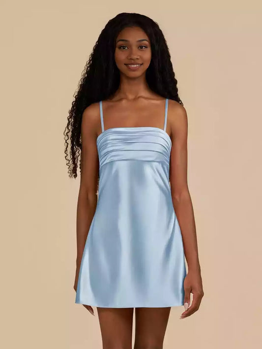 Stunning tight satin thin shoulder strap sleeveless silhouette with lace up back Homecoming Dresses