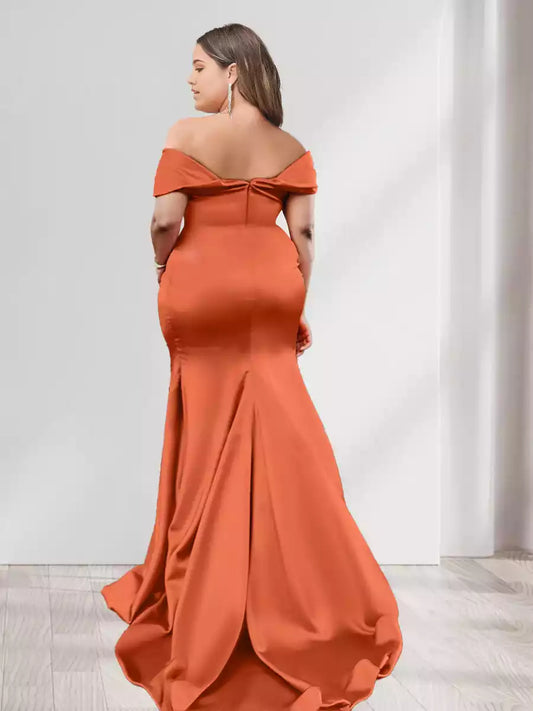 Stunning trumpet/mermaid off shoulder short sleeved pleated plus size Bridesmaid Dresses
