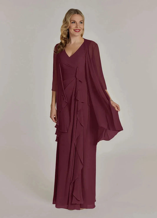 Stylish A Line V Neck Sleeveless Ruched Back Floor Length Mother of the Bride Dress with Chiffon Jacket by YiHuiw