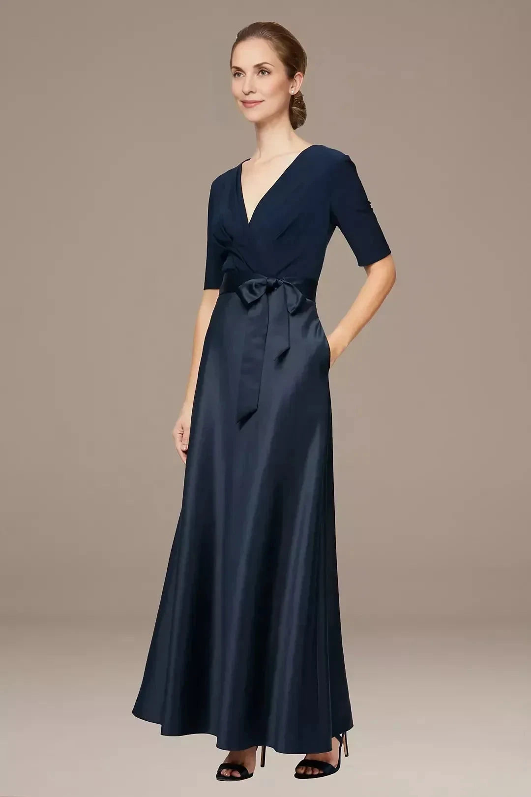 Stylish A Line V Neck Three Quarter Sleeve Plain Back Floor Length Mother of the Bride Dress by YiHuiw