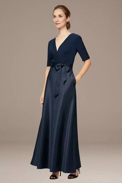 Stylish A Line V Neck Three Quarter Sleeve Plain Back Floor Length Mother of the Bride Dress by YiHuiw