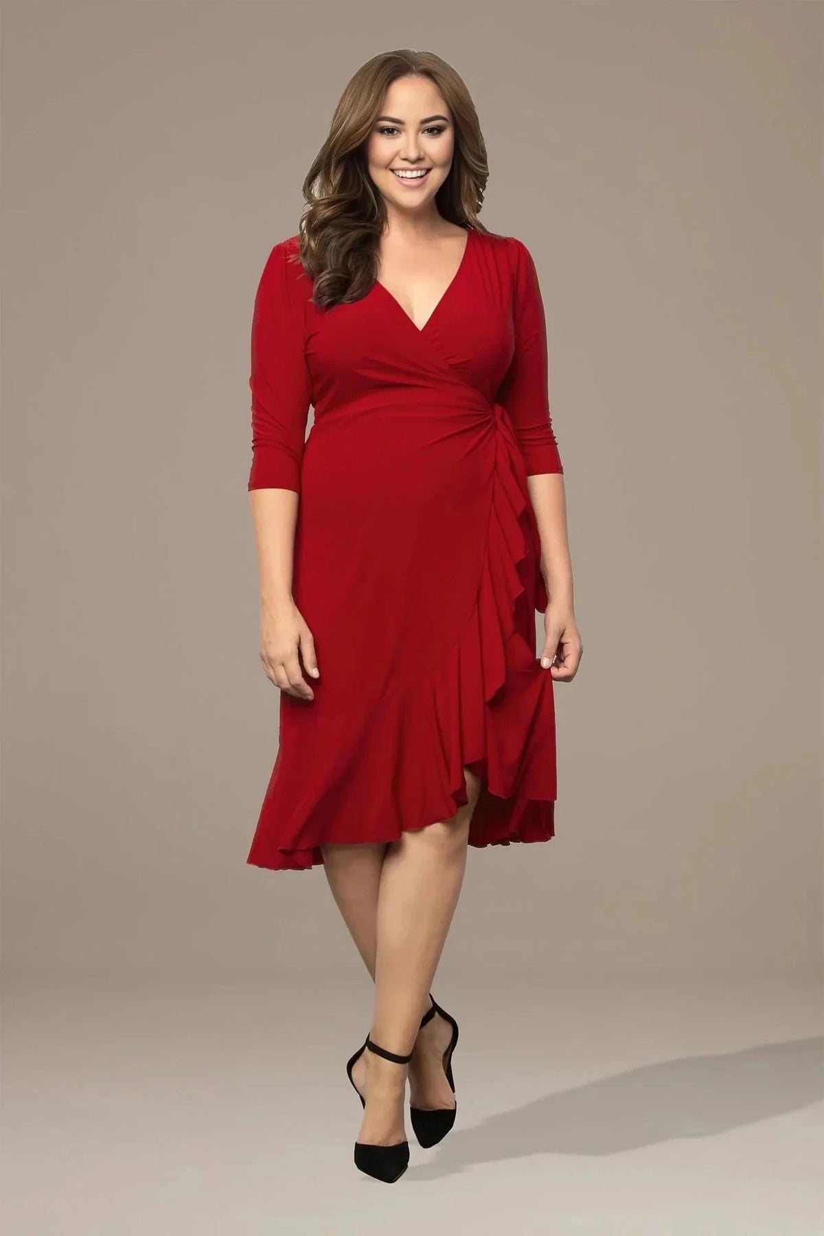 Stylish A Line V Neck Three Quarter Sleeve Ruched Back Midi Length Plus Size Mother of the Bride Dress by YiHuiw