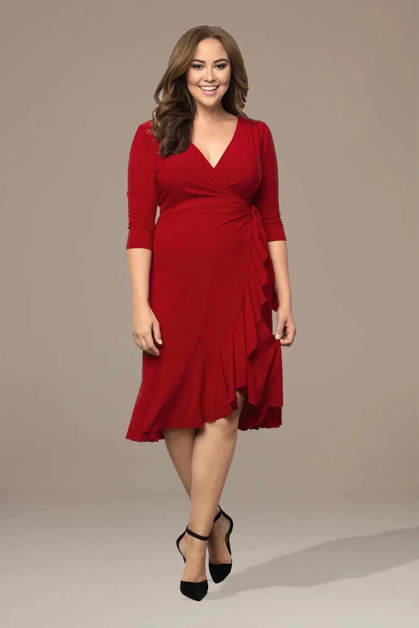 Stylish A Line V Neck Three Quarter Sleeve Ruched Back Midi Length Plus Size Mother of the Bride Dress by YiHuiw