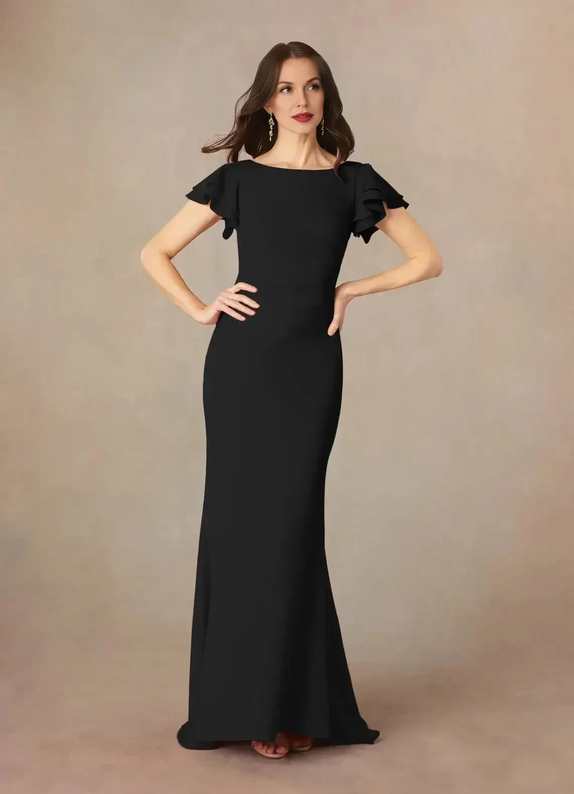 Stylish Mermaid Boat Neck Flutter Sleeve Ruched Back Floor Length Mother of the Bride Dress by YiHuiw
