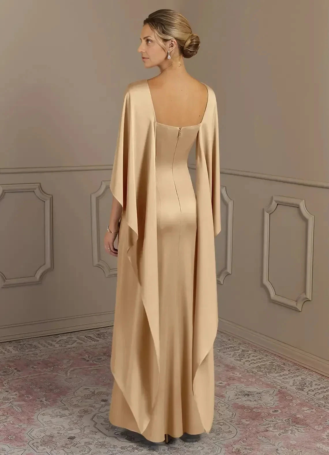 Stylish Sheath Boat Neck Cape Sleeve Zipper Back Floor Length Mother of the Bride Dress by YiHuiw