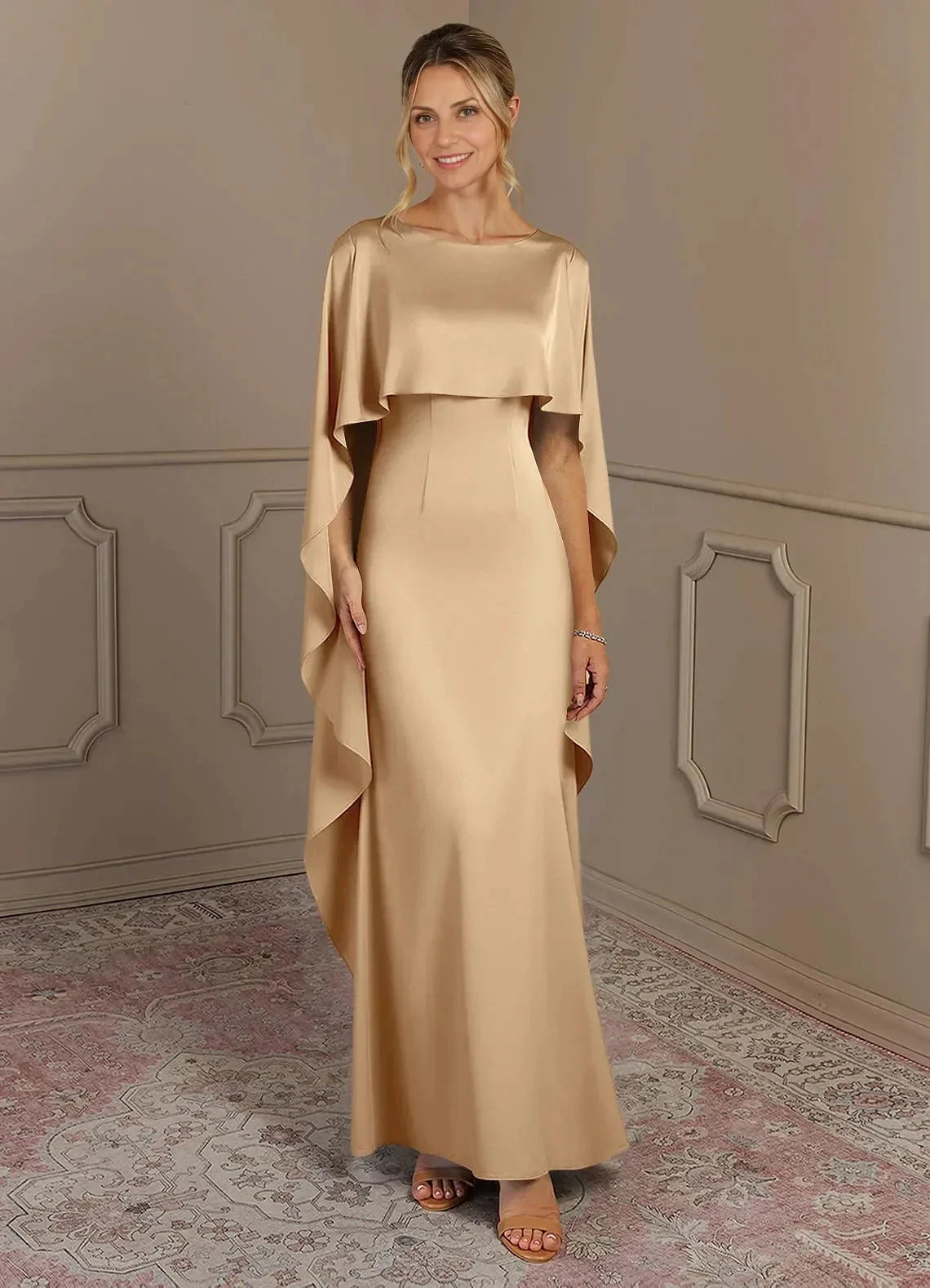 Stylish Sheath Boat Neck Cape Sleeve Zipper Back Floor Length Mother of the Bride Dress by YiHuiw