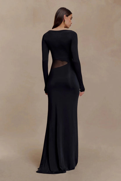 Stylish Sheath Boat Neck Long Sleeve Sheer Cutout Back Floor Length Prom Dress by YiHuiw