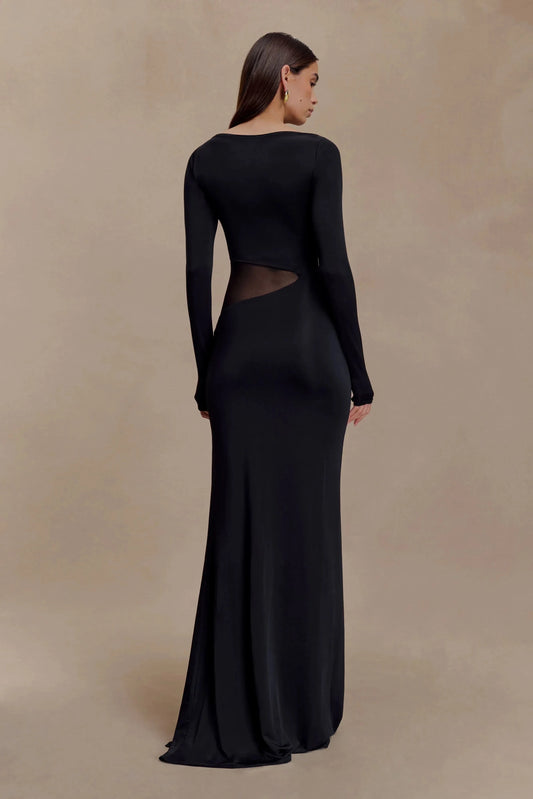 Stylish Sheath Boat Neck Long Sleeve Sheer Cutout Back Floor Length Prom Dress by YiHuiw