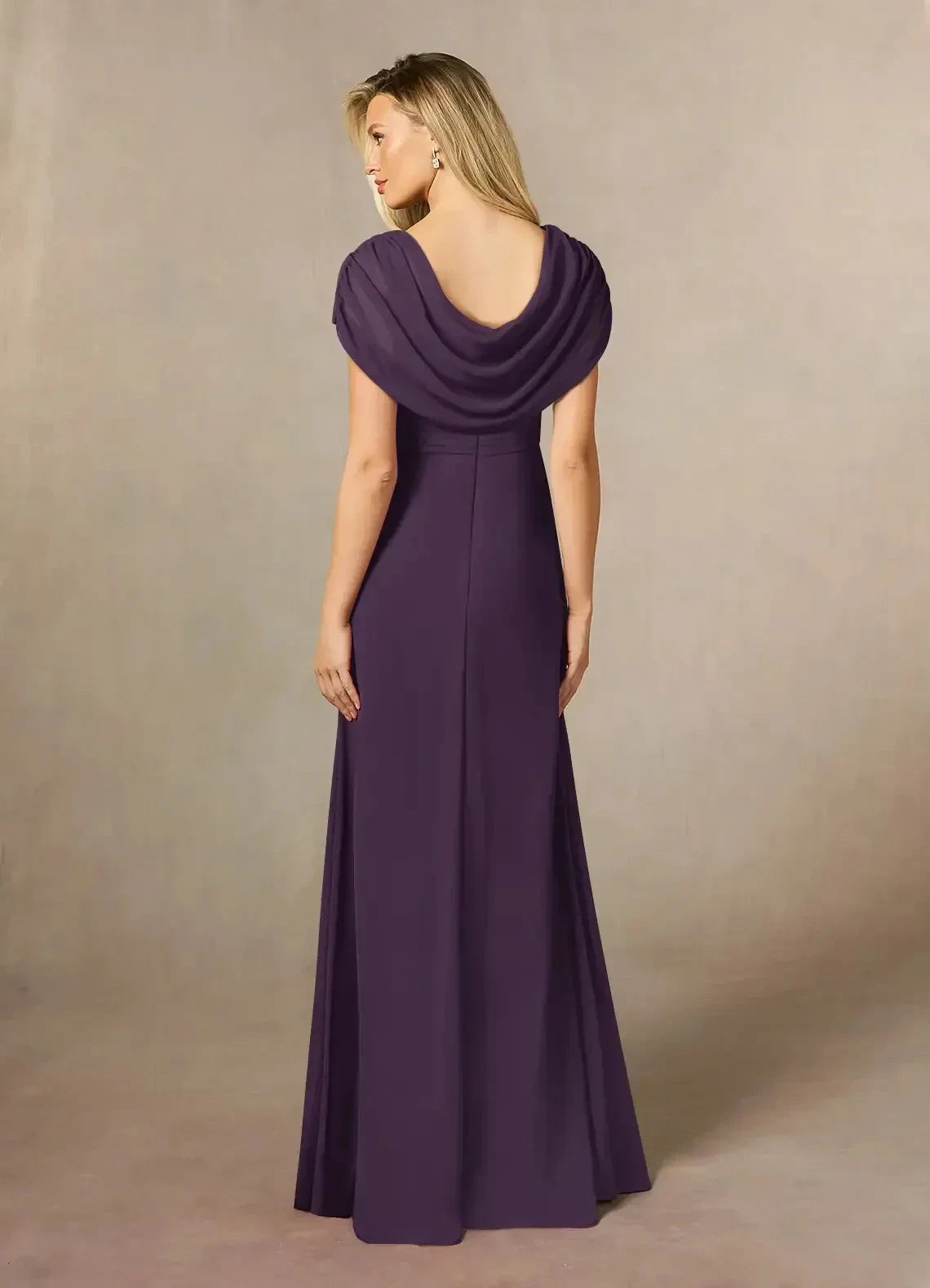 Stylish Sheath Cowl Neck Cap Sleeve Draped Back Floor Length Mother of the Bride Dress by YiHuiw