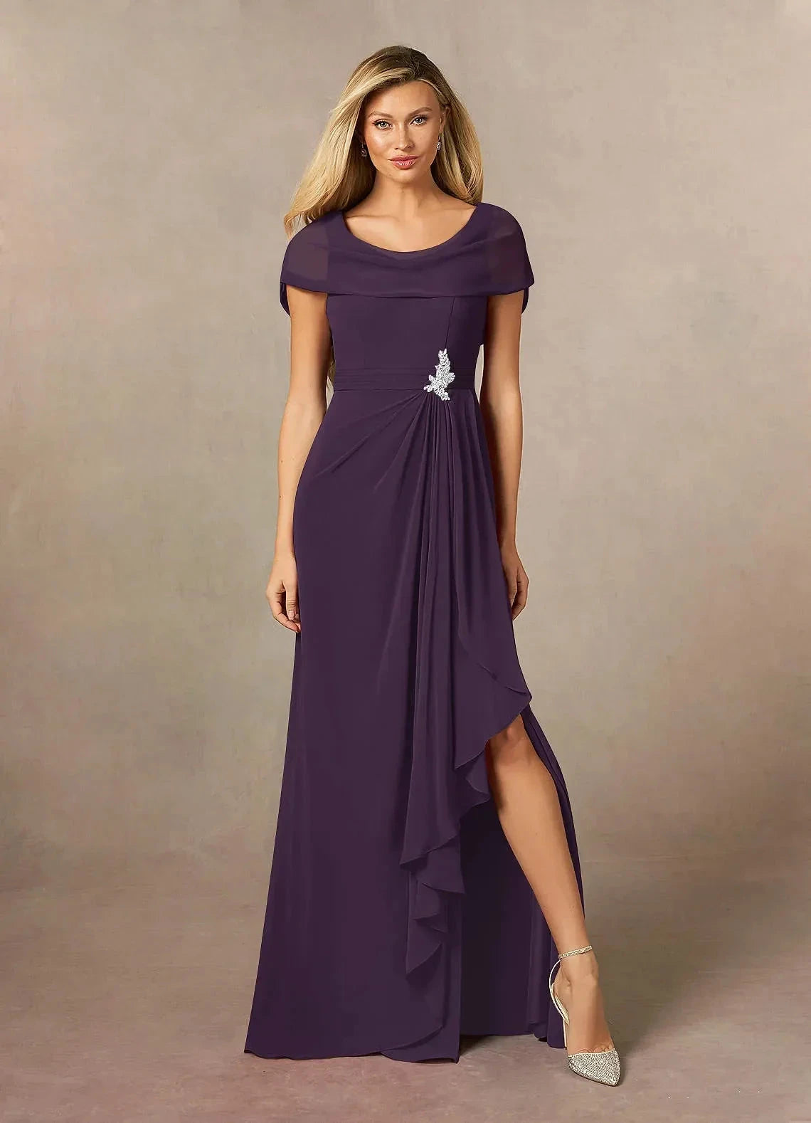 Stylish Sheath Cowl Neck Cap Sleeve Draped Back Floor Length Mother of the Bride Dress by YiHuiw
