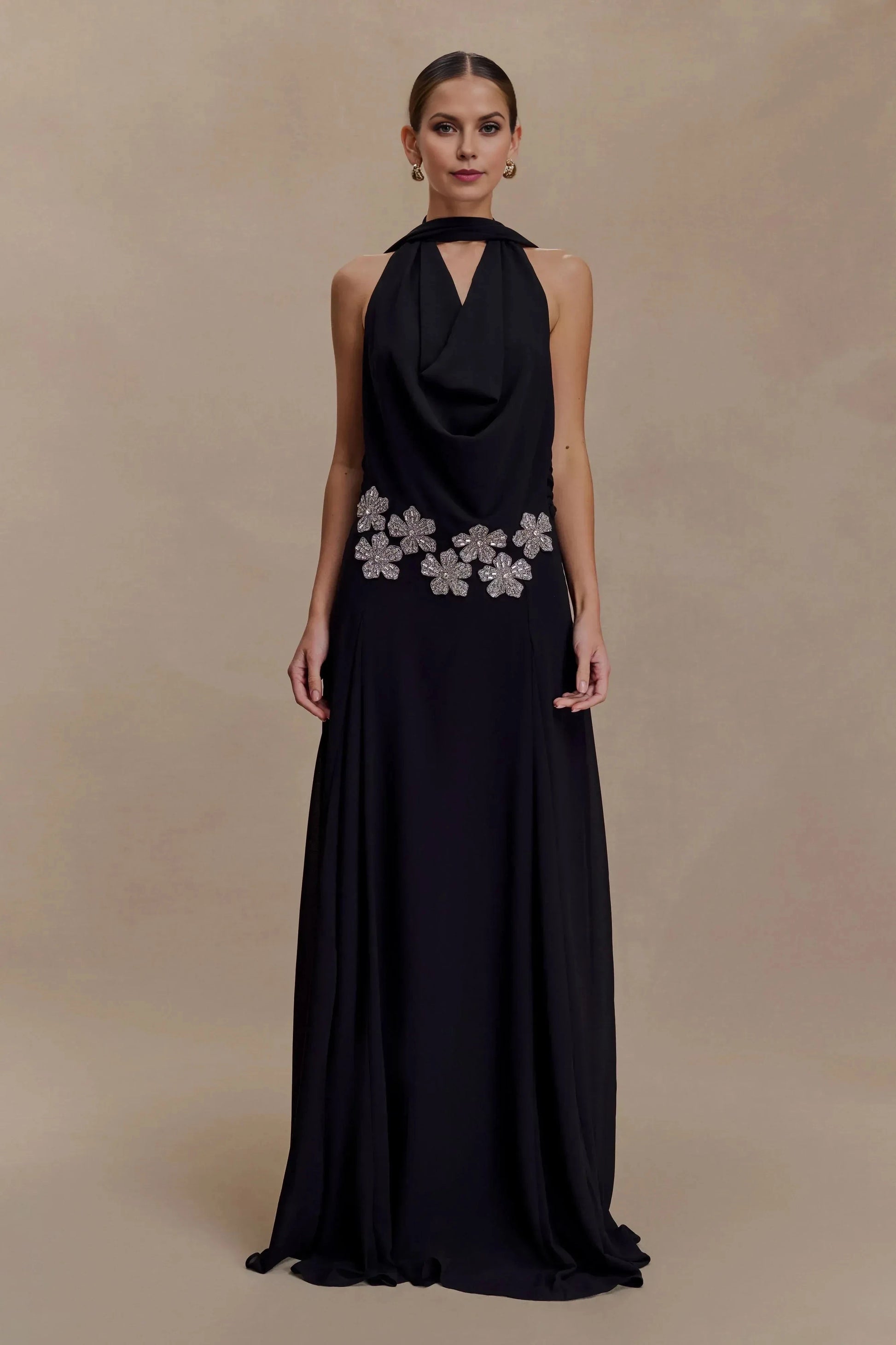 Stylish Sheath Halter Neck Sleeveless Beaded Back Floor Length Prom Dress by YiHuiw