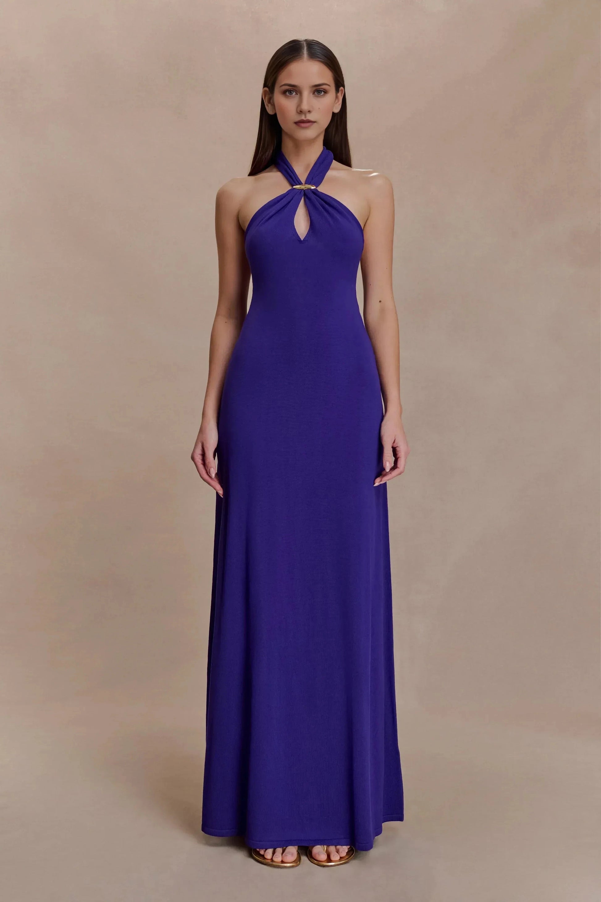 Stylish Sheath Halter Neck Sleeveless Draped Back Floor Length Plus Size Prom Dress by YiHuiw