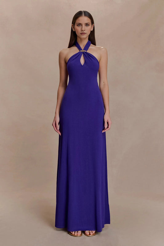 Stylish Sheath Halter Neck Sleeveless Draped Back Floor Length Plus Size Prom Dress by YiHuiw