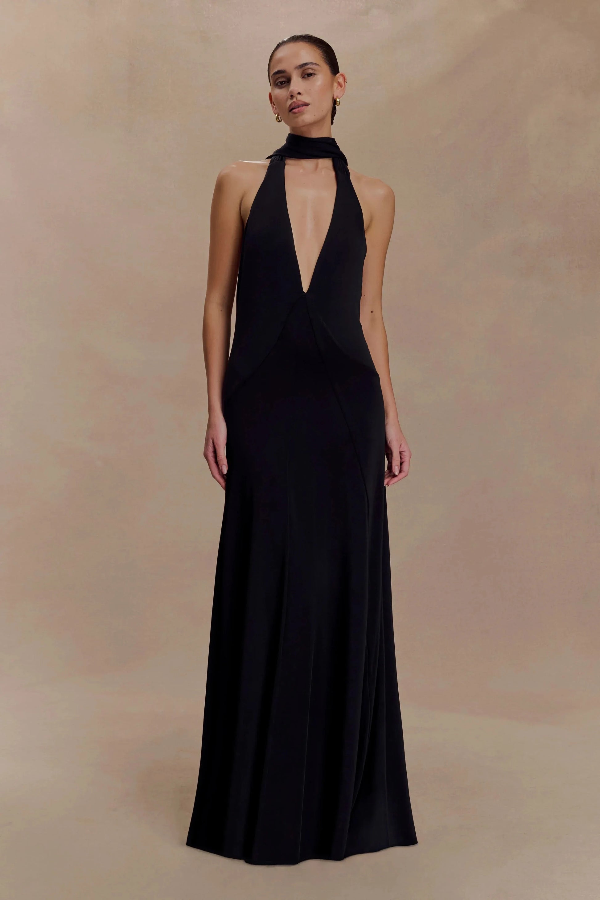 Stylish Sheath Halter Neck Sleeveless Draped Open Back Floor Length Prom Dress by YiHuiw