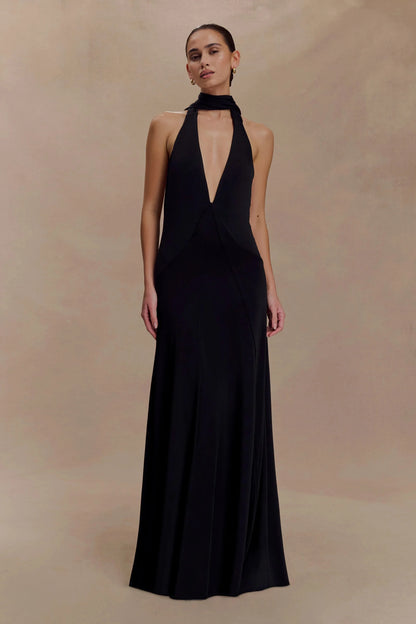 Stylish Sheath Halter Neck Sleeveless Draped Open Back Floor Length Prom Dress by YiHuiw