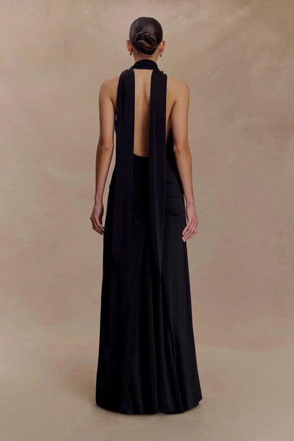 Stylish Sheath Halter Neck Sleeveless Draped Open Back Floor Length Prom Dress by YiHuiw
