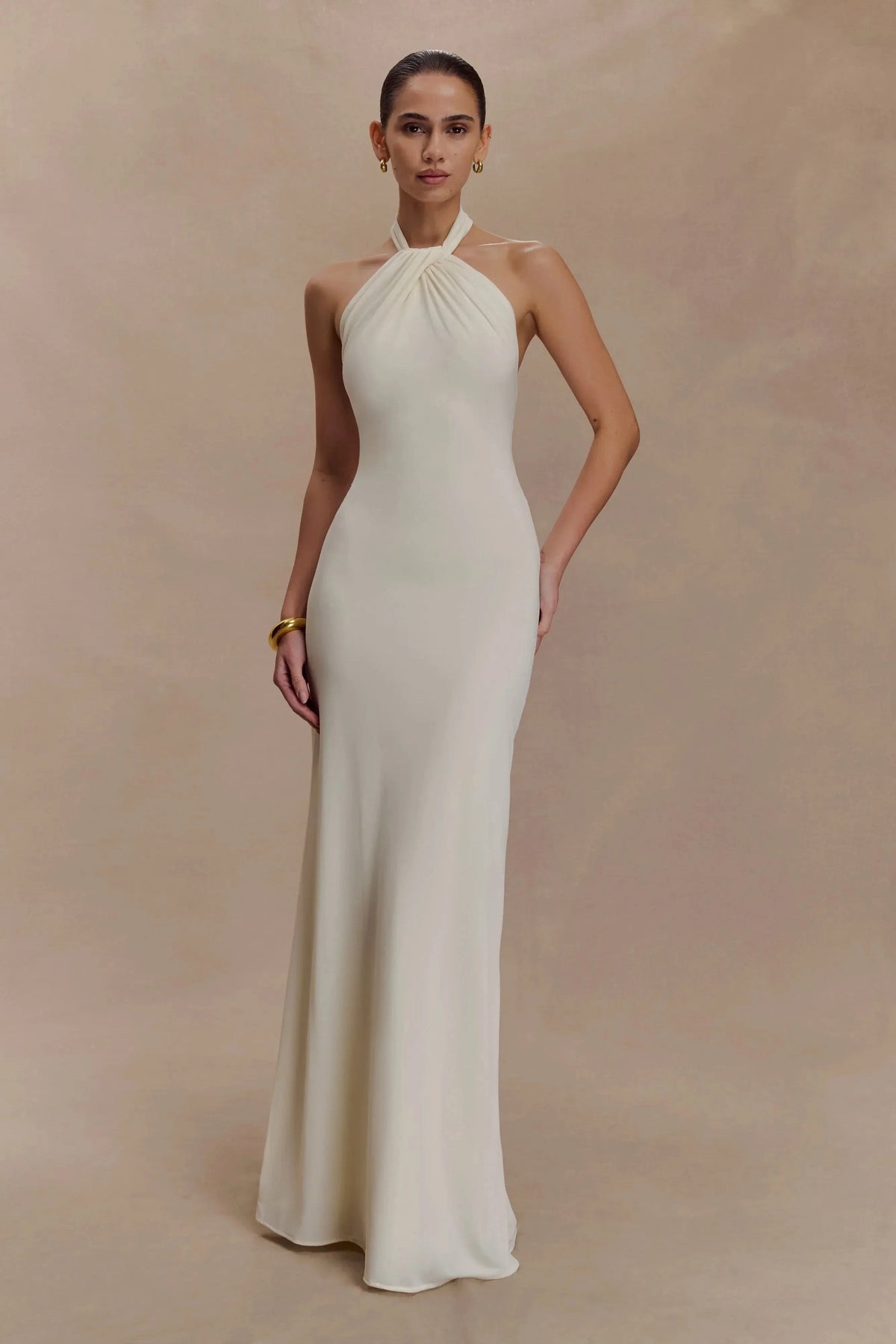 Stylish Sheath Halter Neck Sleeveless Twisted Back Floor Length Prom Dress by YiHuiw