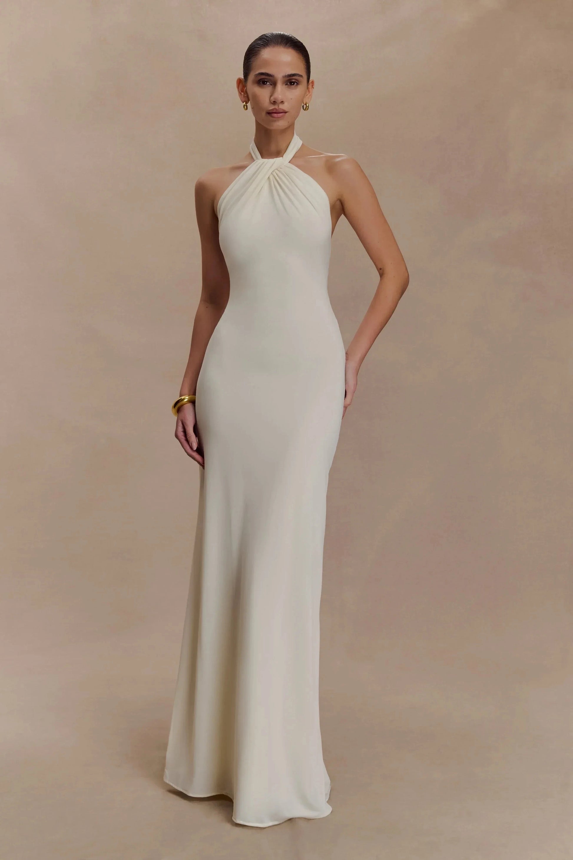 Stylish Sheath Halter Neck Sleeveless Twisted Back Floor Length Prom Dress by YiHuiw
